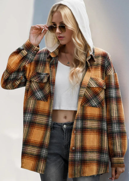 Double Take Drawstring Plaid Long Sleeve Hooded Shacket - Sleekdenim.com