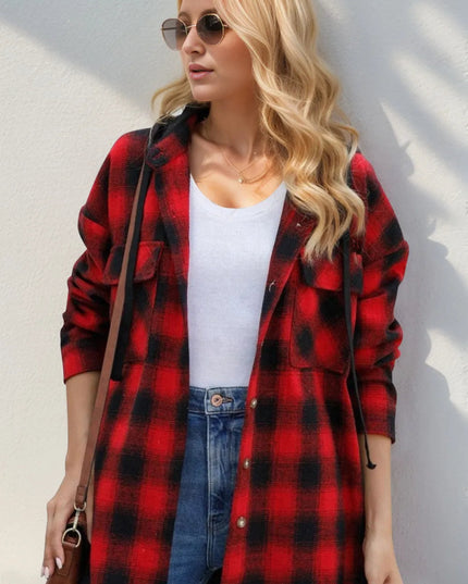 Double Take Drawstring Plaid Long Sleeve Hooded Shacket - Sleekdenim.com