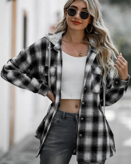 Double Take Drawstring Plaid Long Sleeve Hooded Shacket - Sleekdenim.com