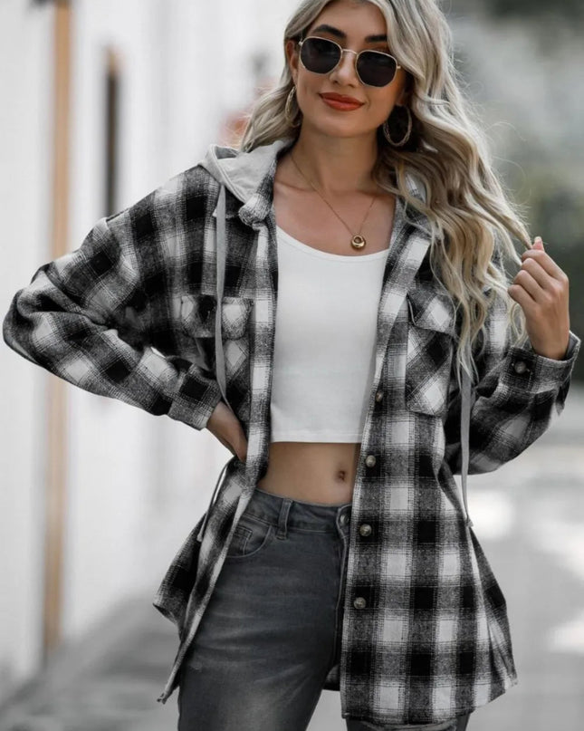 Double Take Drawstring Plaid Long Sleeve Hooded Shacket - Sleekdenim.com