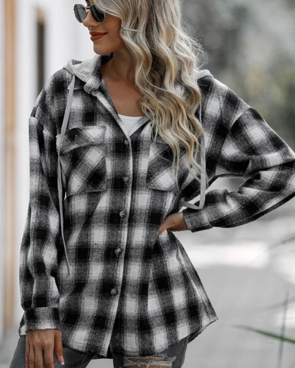 Double Take Drawstring Plaid Long Sleeve Hooded Shacket - Sleekdenim.com
