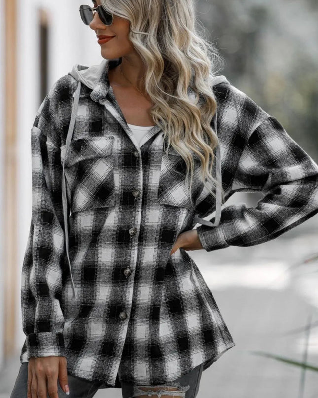 Double Take Drawstring Plaid Long Sleeve Hooded Shacket - Sleekdenim.com