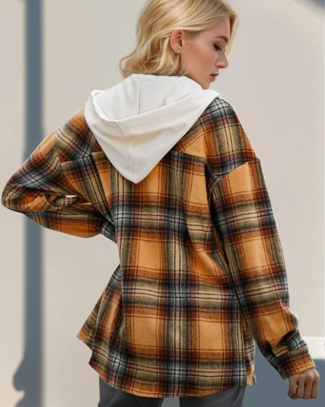 Double Take Drawstring Plaid Long Sleeve Hooded Shacket - Sleekdenim.com