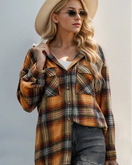 Double Take Drawstring Plaid Long Sleeve Hooded Shacket - Sleekdenim.com