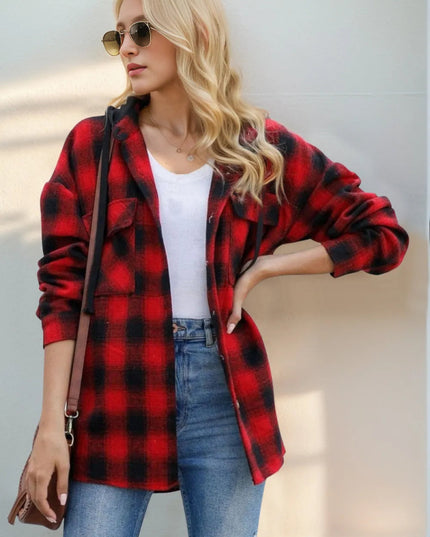 Double Take Drawstring Plaid Long Sleeve Hooded Shacket - Sleekdenim.com