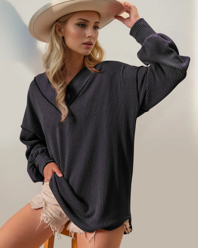 Double Take Exposed Seam Ribbed Textured V - Neck Long Sleeve T-Shirt - Sleekdenim.com