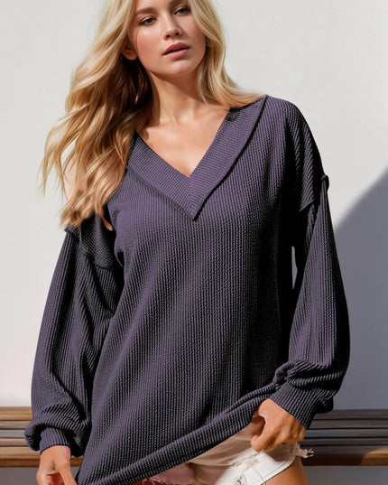 Double Take Exposed Seam Ribbed Textured V - Neck Long Sleeve T-Shirt - Sleekdenim.com