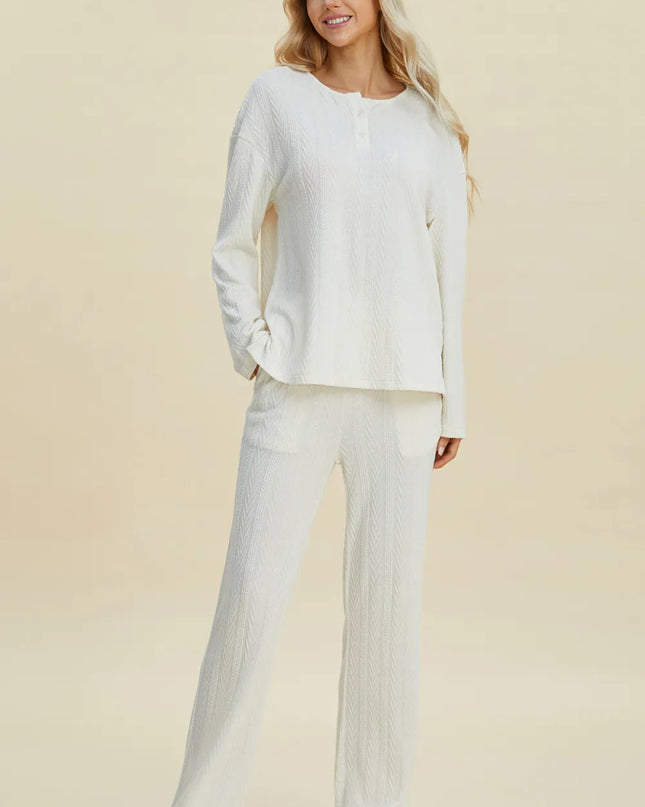 Double Take Full Size Cable - Knit Long Sleeve Top and Pants Set - Sleekdenim.com