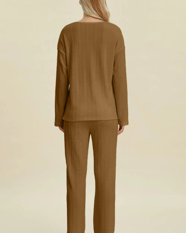 Double Take Full Size Cable - Knit Long Sleeve Top and Pants Set - Sleekdenim.com