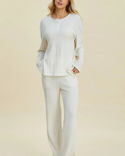 Double Take Full Size Cable - Knit Long Sleeve Top and Pants Set - Sleekdenim.com