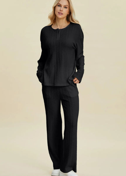 Double Take Full Size Cable - Knit Long Sleeve Top and Pants Set - Sleekdenim.com