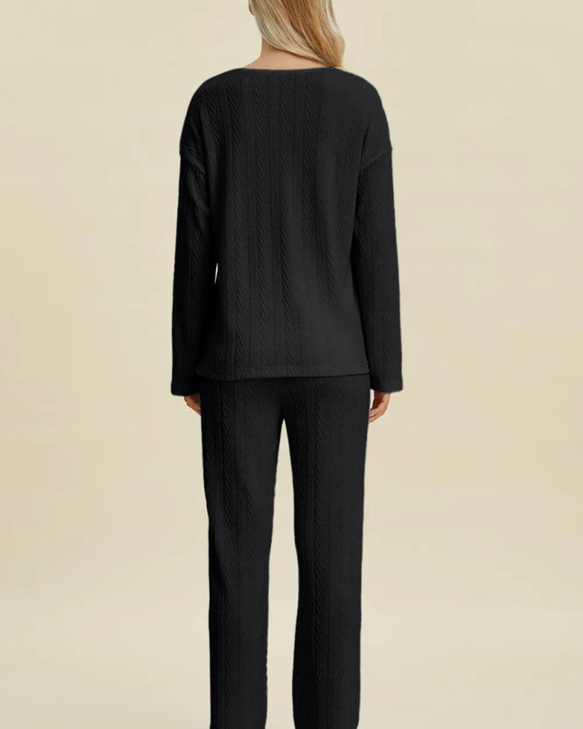 Double Take Full Size Cable - Knit Long Sleeve Top and Pants Set - Sleekdenim.com