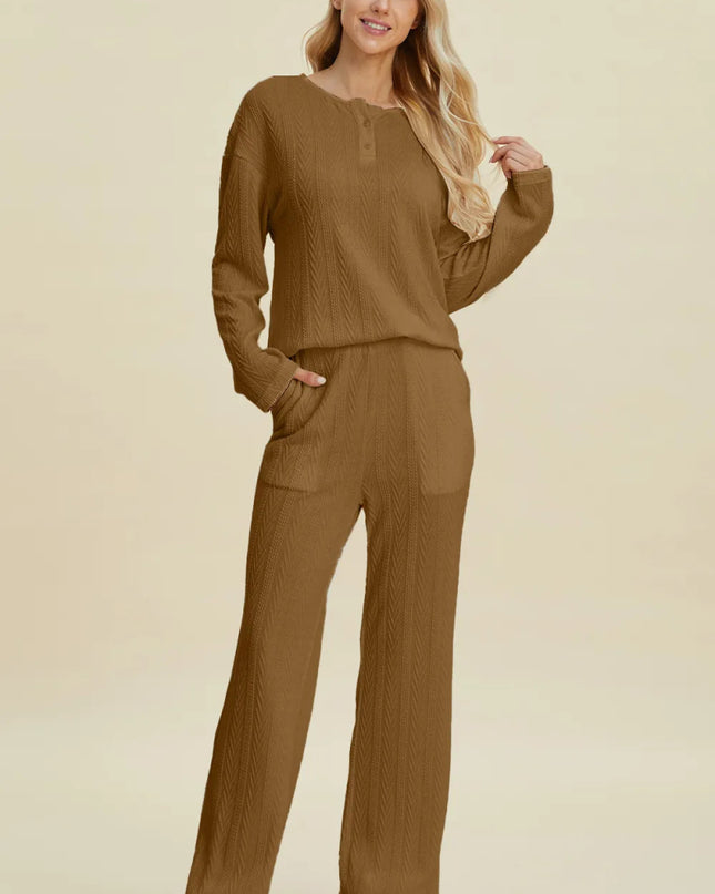 Double Take Full Size Cable - Knit Long Sleeve Top and Pants Set - Sleekdenim.com