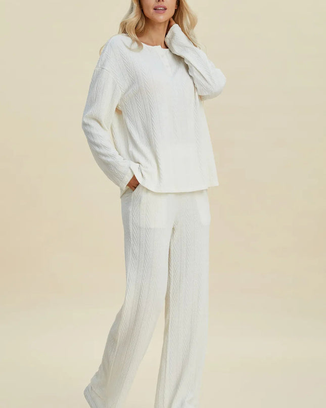 Double Take Full Size Cable - Knit Long Sleeve Top and Pants Set - Sleekdenim.com
