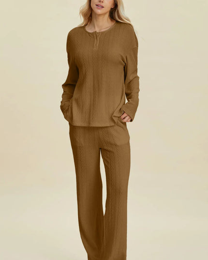 Double Take Full Size Cable - Knit Long Sleeve Top and Pants Set - Sleekdenim.com