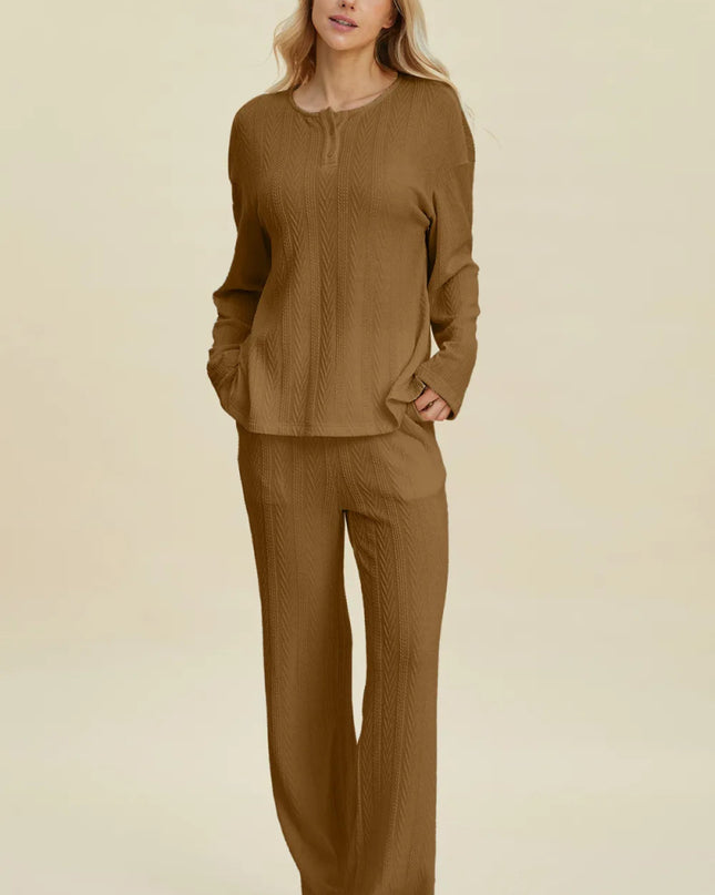 Double Take Full Size Cable - Knit Long Sleeve Top and Pants Set - Sleekdenim.com