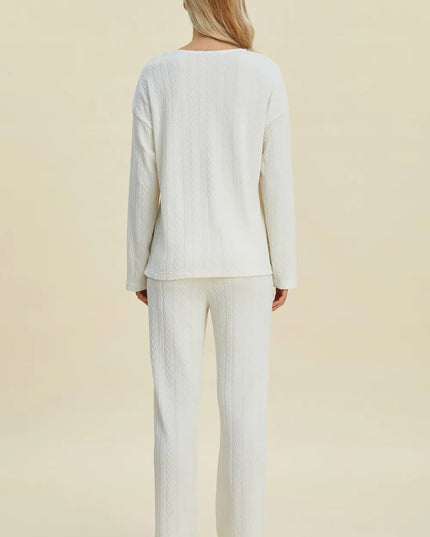 Double Take Full Size Cable - Knit Long Sleeve Top and Pants Set - Sleekdenim.com