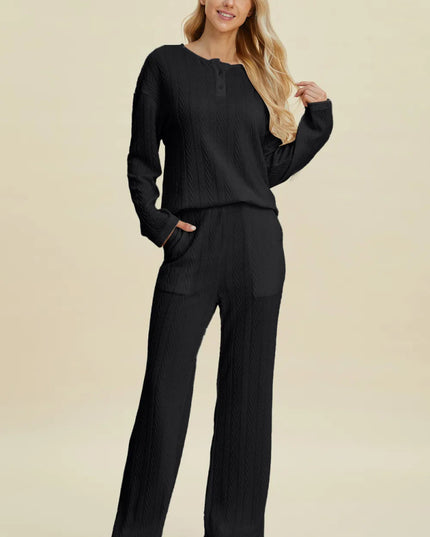 Double Take Full Size Cable - Knit Long Sleeve Top and Pants Set - Sleekdenim.com