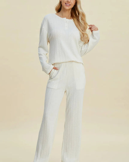 Double Take Full Size Cable - Knit Long Sleeve Top and Pants Set - Sleekdenim.com
