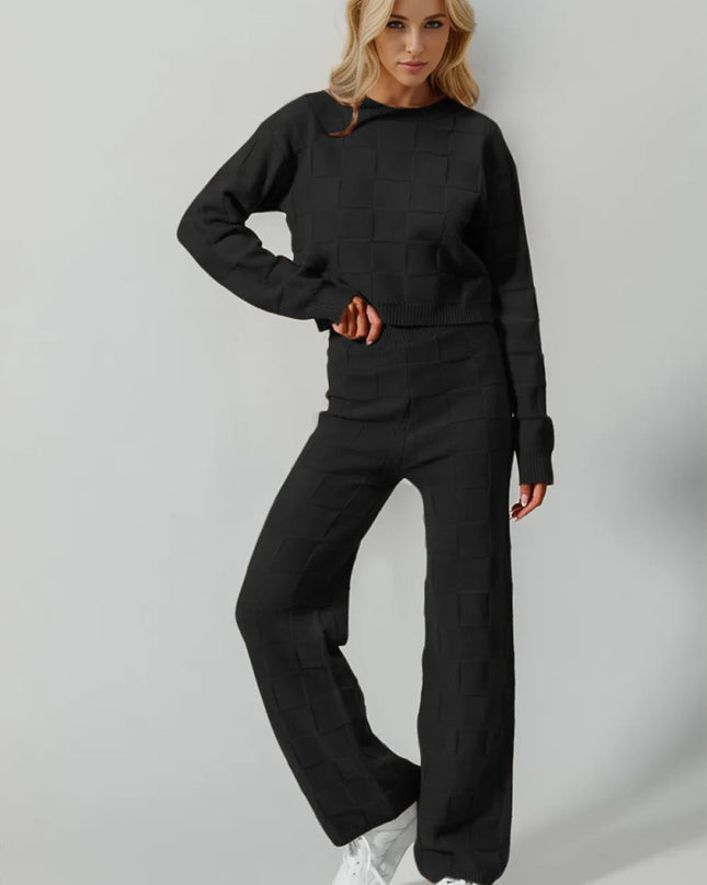 Double Take Full Size Checkered Round Neck Top and Pants Set - Sleekdenim.com