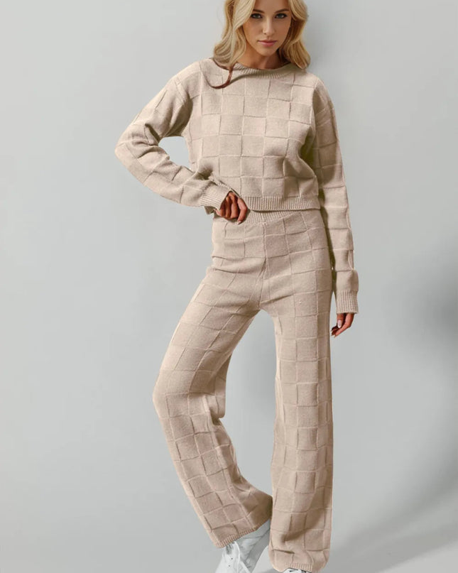Double Take Full Size Checkered Round Neck Top and Pants Set - Sleekdenim.com