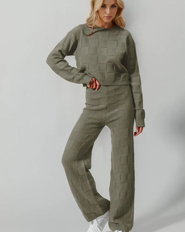 Double Take Full Size Checkered Round Neck Top and Pants Set - Sleekdenim.com