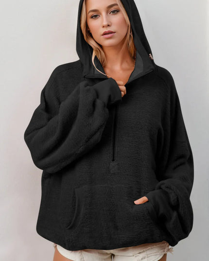 Double Take Full Size Half Zip Long Sleeve Hoodie with Kangaroo Pocket - Sleekdenim.com