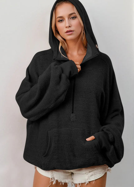 Double Take Full Size Half Zip Long Sleeve Hoodie with Kangaroo Pocket - Sleekdenim.com