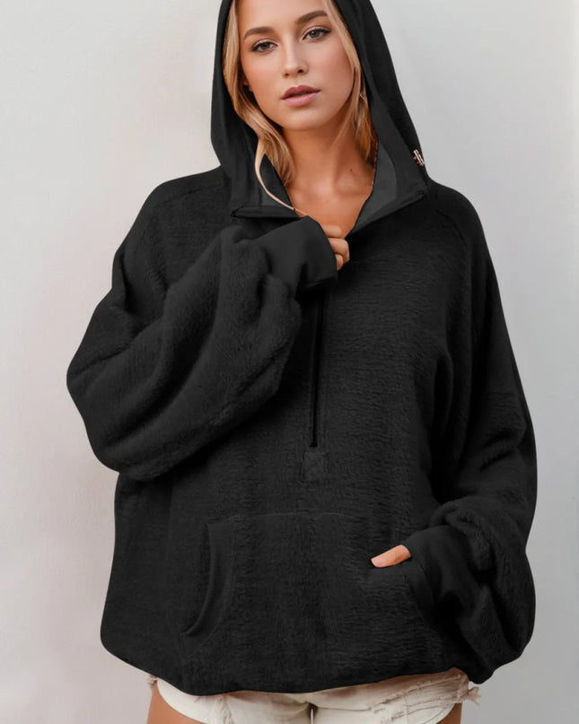 Double Take Full Size Half Zip Long Sleeve Hoodie with Kangaroo Pocket - Sleekdenim.com