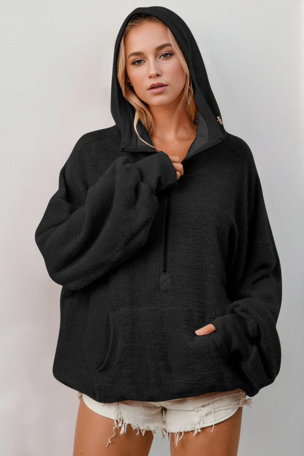 Double Take Full Size Half Zip Long Sleeve Hoodie with Kangaroo Pocket - Sleekdenim.com
