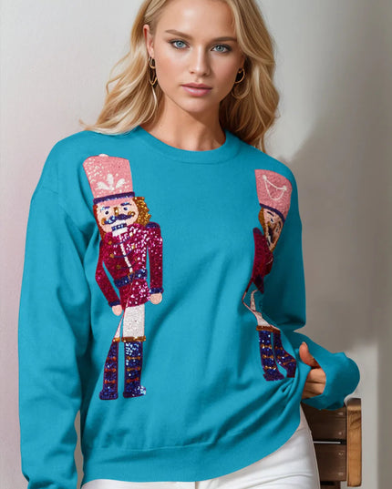 Double Take Full Size Nutcracker Sequin Long Sleeve Sweater - Sleekdenim.com