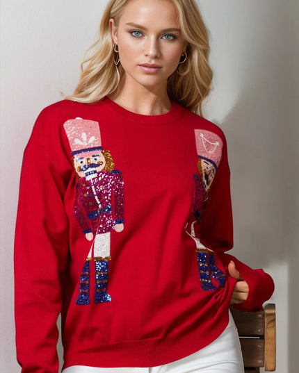 Double Take Full Size Nutcracker Sequin Long Sleeve Sweater - Sleekdenim.com