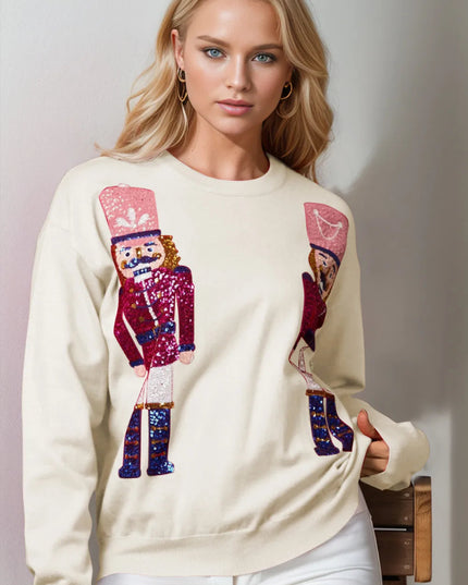 Double Take Full Size Nutcracker Sequin Long Sleeve Sweater - Sleekdenim.com
