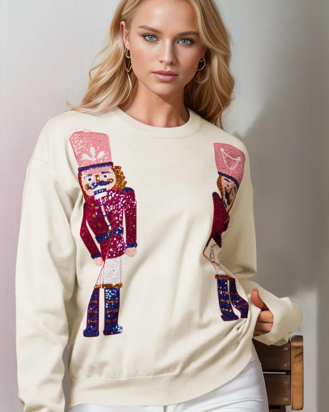 Double Take Full Size Nutcracker Sequin Long Sleeve Sweater - Sleekdenim.com