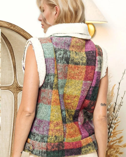 Double Take Full Size Snap Down Plaid Fleece Vest Coat with Pockets - Sleekdenim.com