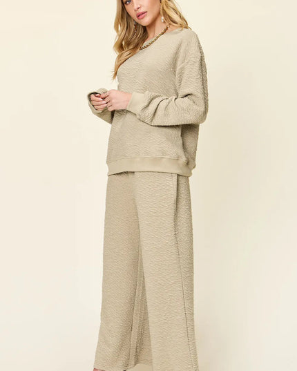 Double Take Full Size Texture Long Sleeve Top and Pants Set - Sleekdenim.com