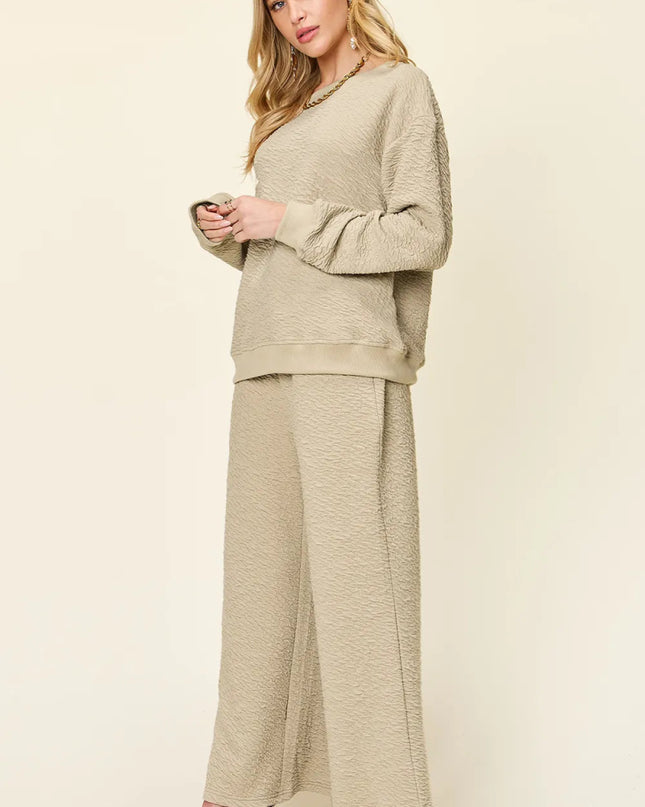 Double Take Full Size Texture Long Sleeve Top and Pants Set - Sleekdenim.com