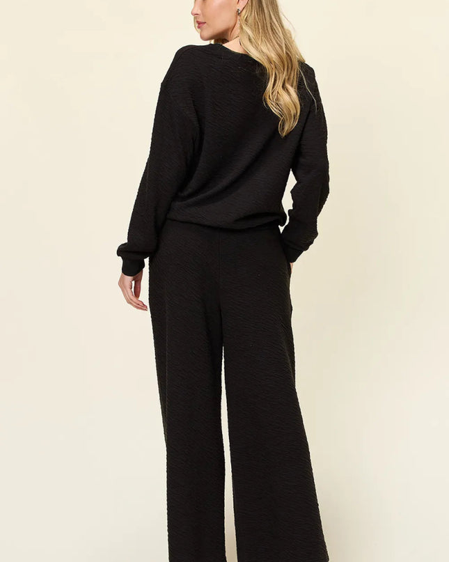 Double Take Full Size Texture Long Sleeve Top and Pants Set - Sleekdenim.com