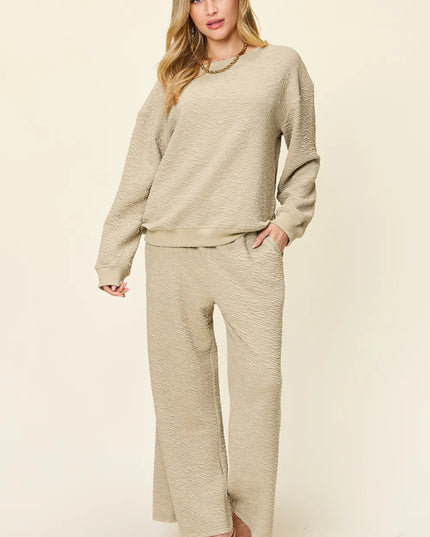 Double Take Full Size Texture Long Sleeve Top and Pants Set - Sleekdenim.com
