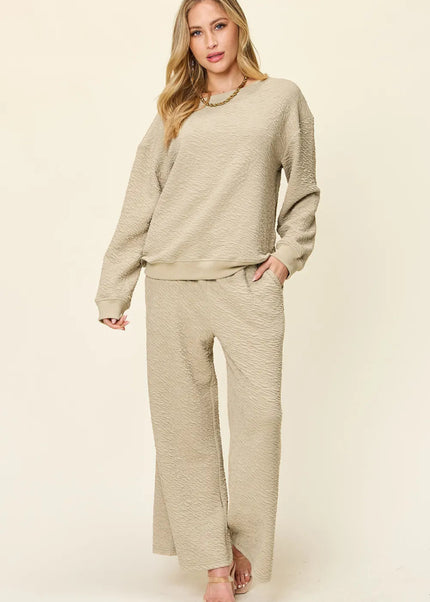 Double Take Full Size Texture Long Sleeve Top and Pants Set - Sleekdenim.com
