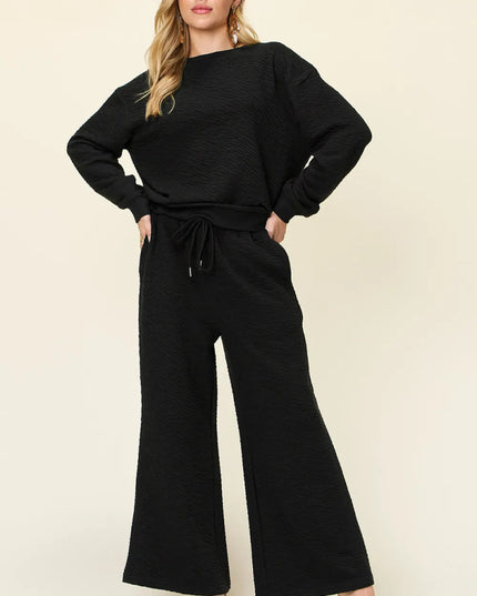 Double Take Full Size Texture Long Sleeve Top and Pants Set - Sleekdenim.com