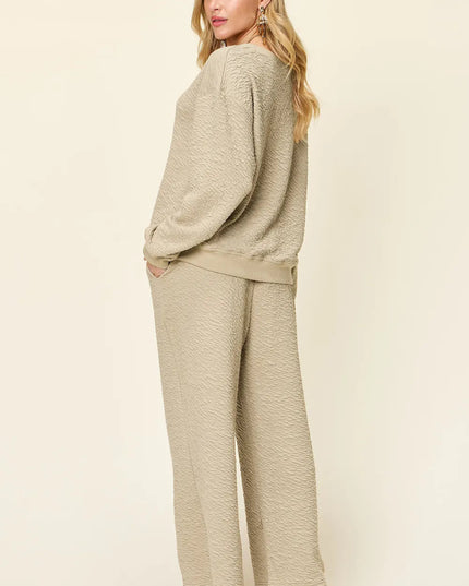 Double Take Full Size Texture Long Sleeve Top and Pants Set - Sleekdenim.com