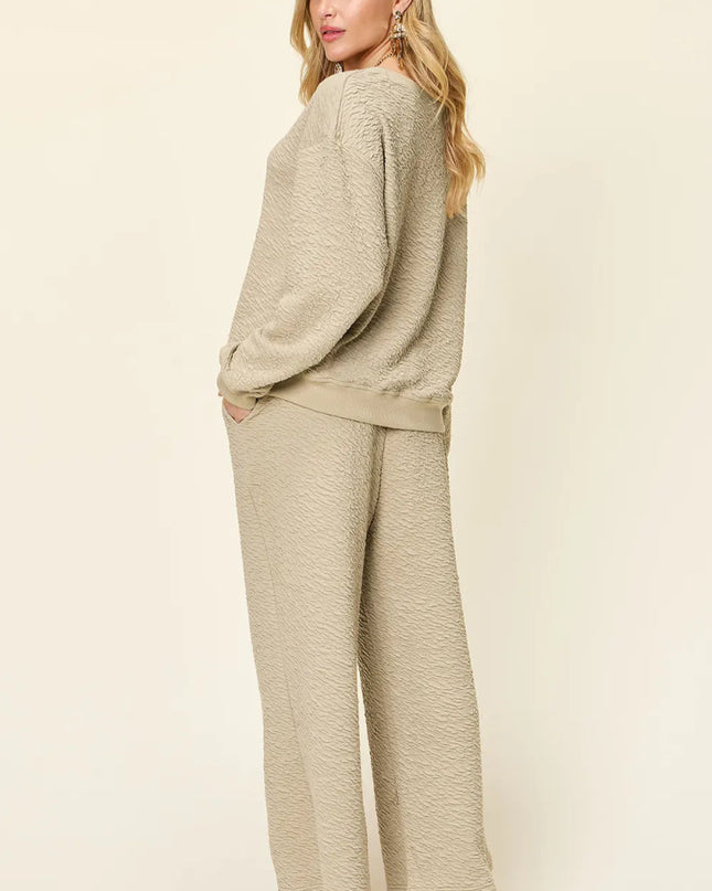 Double Take Full Size Texture Long Sleeve Top and Pants Set - Sleekdenim.com