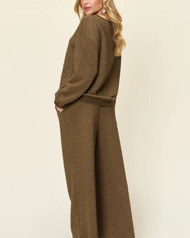 Double Take Full Size Texture Long Sleeve Top and Pants Set - Sleekdenim.com