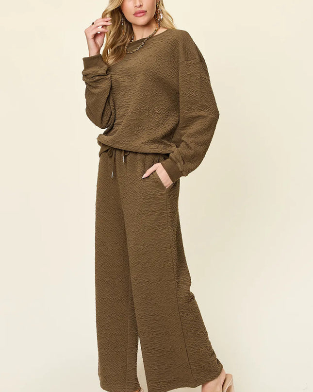 Double Take Full Size Texture Long Sleeve Top and Pants Set - Sleekdenim.com