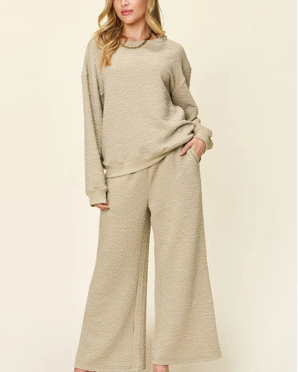 Double Take Full Size Texture Long Sleeve Top and Pants Set - Sleekdenim.com