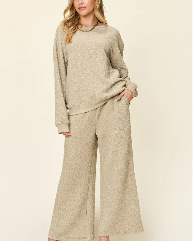 Double Take Full Size Texture Long Sleeve Top and Pants Set - Sleekdenim.com