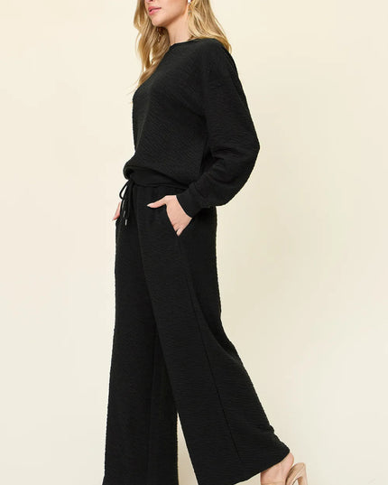 Double Take Full Size Texture Long Sleeve Top and Pants Set - Sleekdenim.com