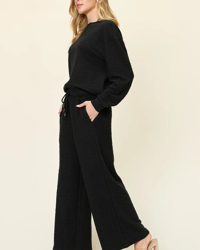 Double Take Full Size Texture Long Sleeve Top and Pants Set - Sleekdenim.com