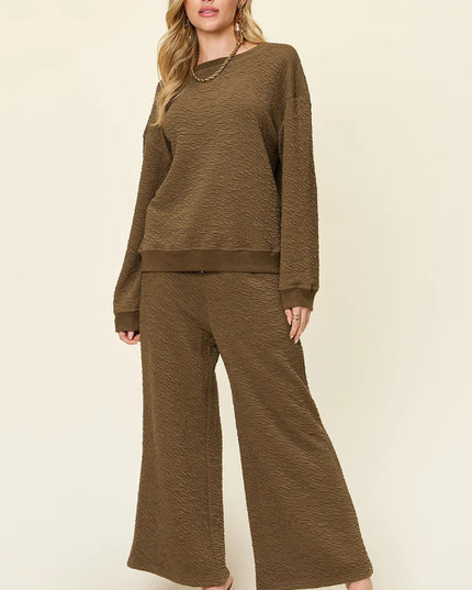 Double Take Full Size Texture Long Sleeve Top and Pants Set - Sleekdenim.com